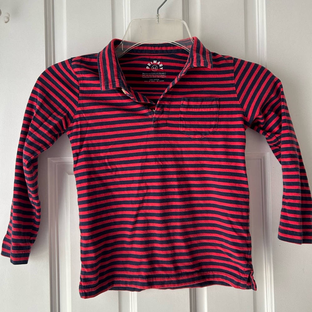 Primary red/navy stripe long sleeve polo shirt
Size 4-5